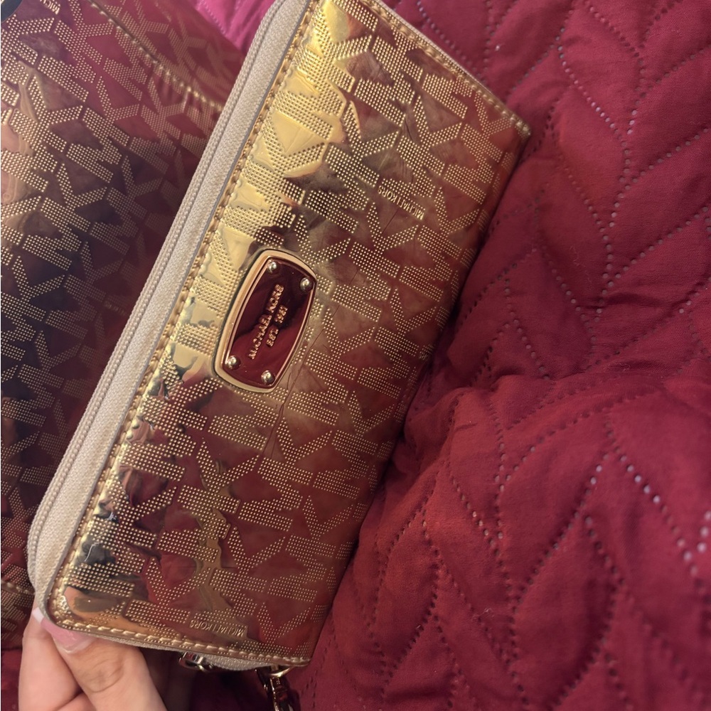 MK Rose Gold Mirror Patent Leather Long Zip Around Women's Wristlet Wallet